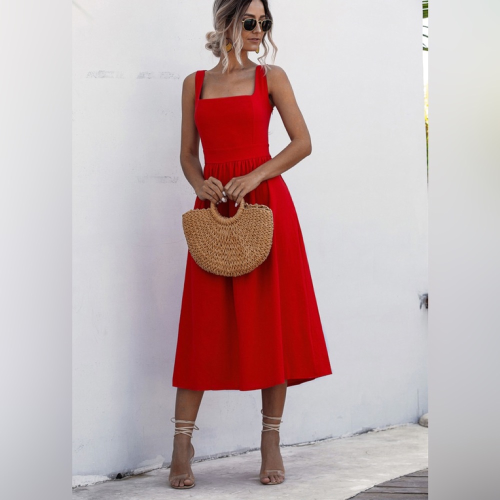 Square Neck Sleeveless Smocked Midi Dress